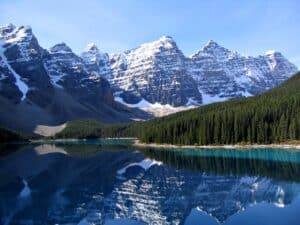 Turquoise waters of Moraine Lake surrounded by Rocky Mountain peaks, Banff National Park, Alberta