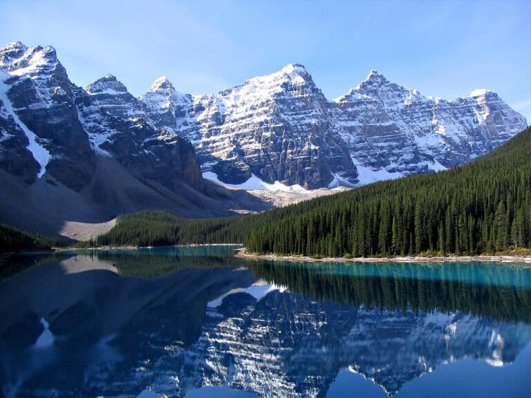 Turquoise waters of Moraine Lake surrounded by Rocky Mountain peaks, Banff National Park, Alberta